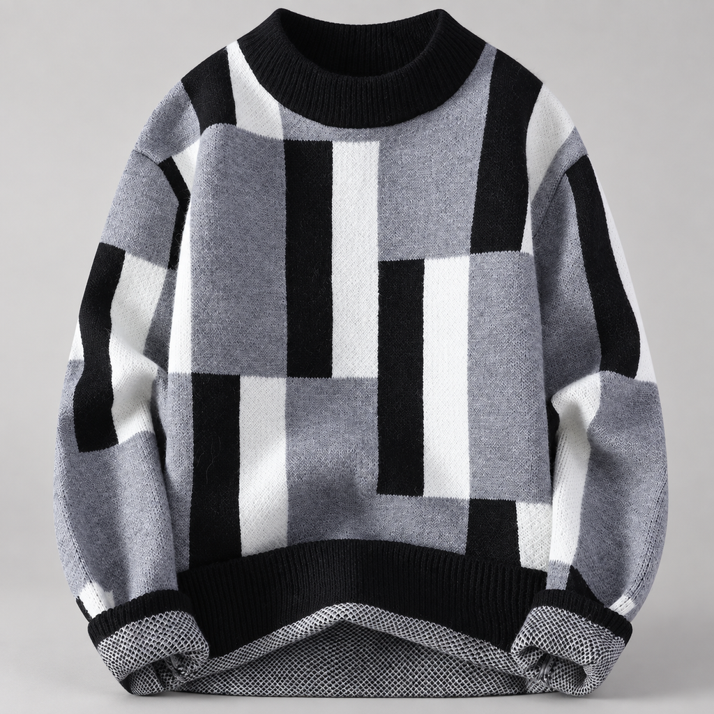 Quentin Men’s Geometric Color-Block Crewneck Knit Sweater
