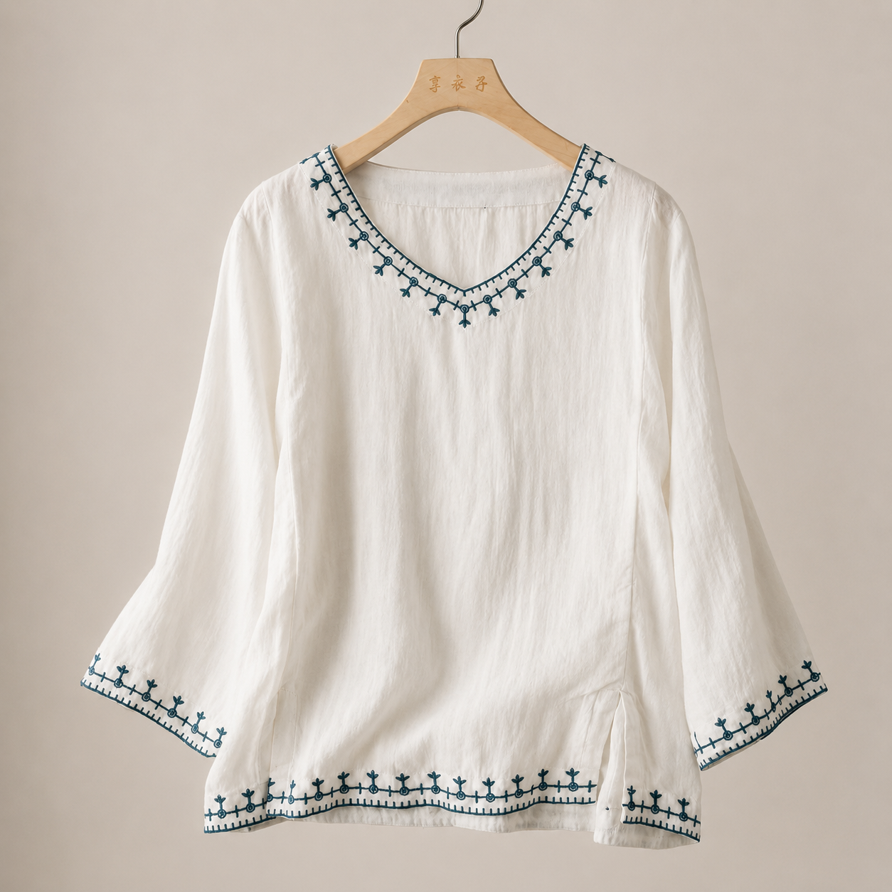 Rachel Women’s Cotton-Linen Embroidered Long-Sleeve Blouse