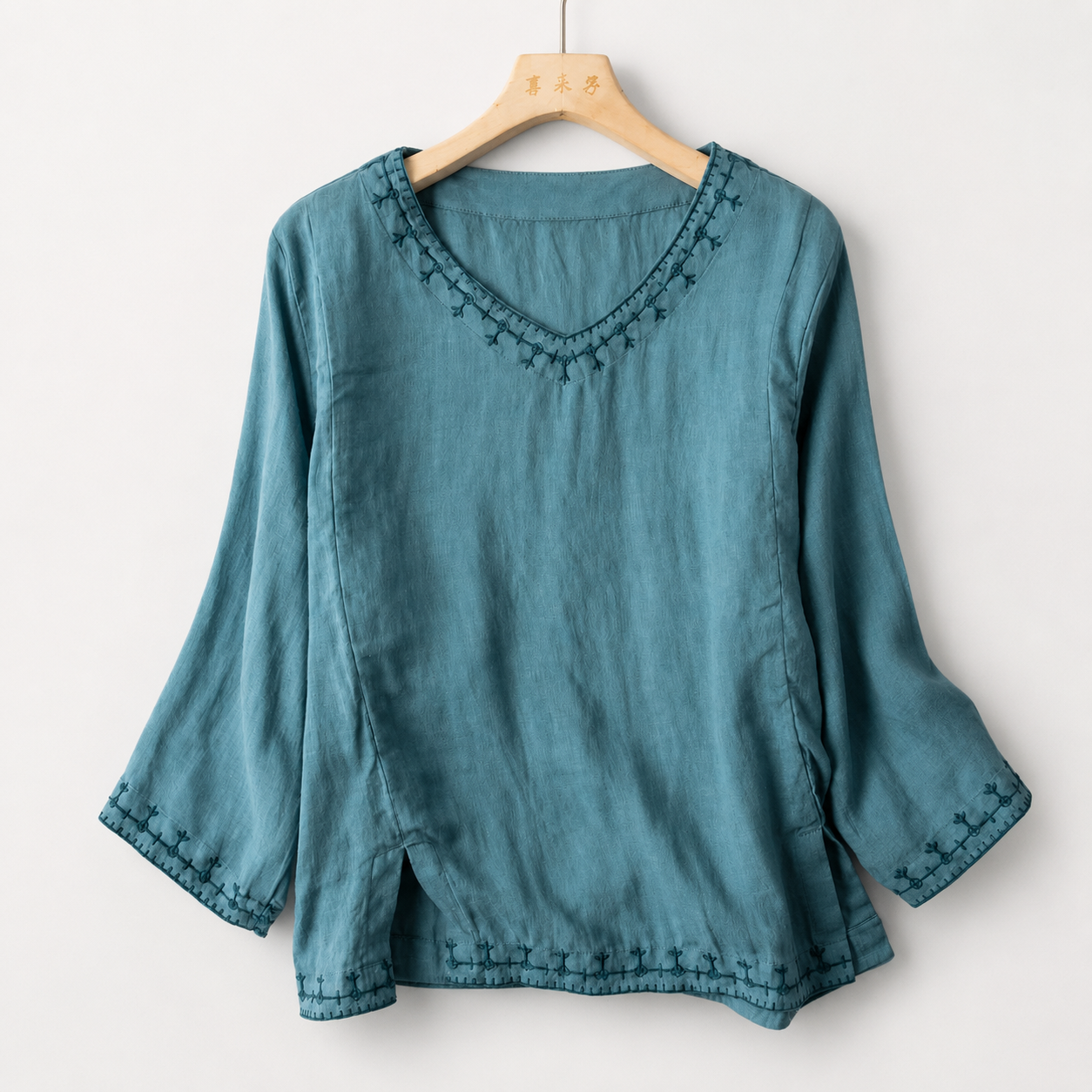 Rachel Women’s Cotton-Linen Embroidered Long-Sleeve Blouse