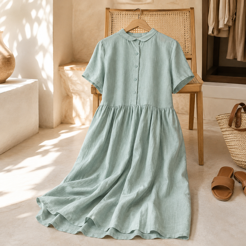 Rebecca Linen Midi Dress with Short Sleeves