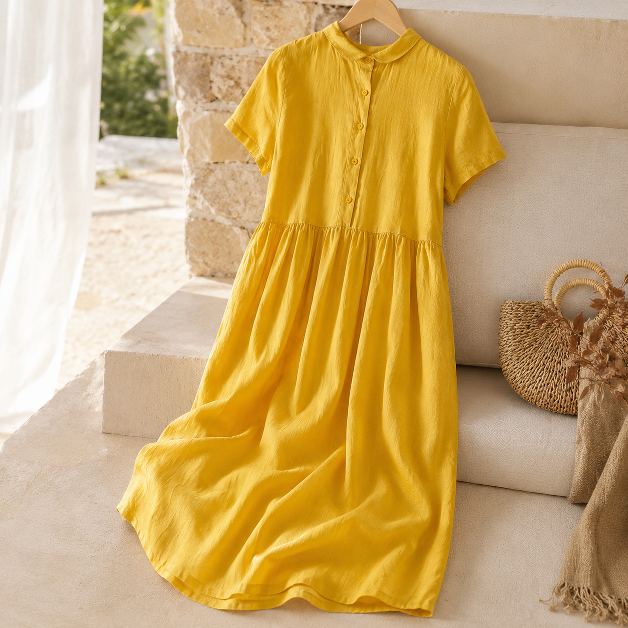 Rebecca Linen Midi Dress with Short Sleeves