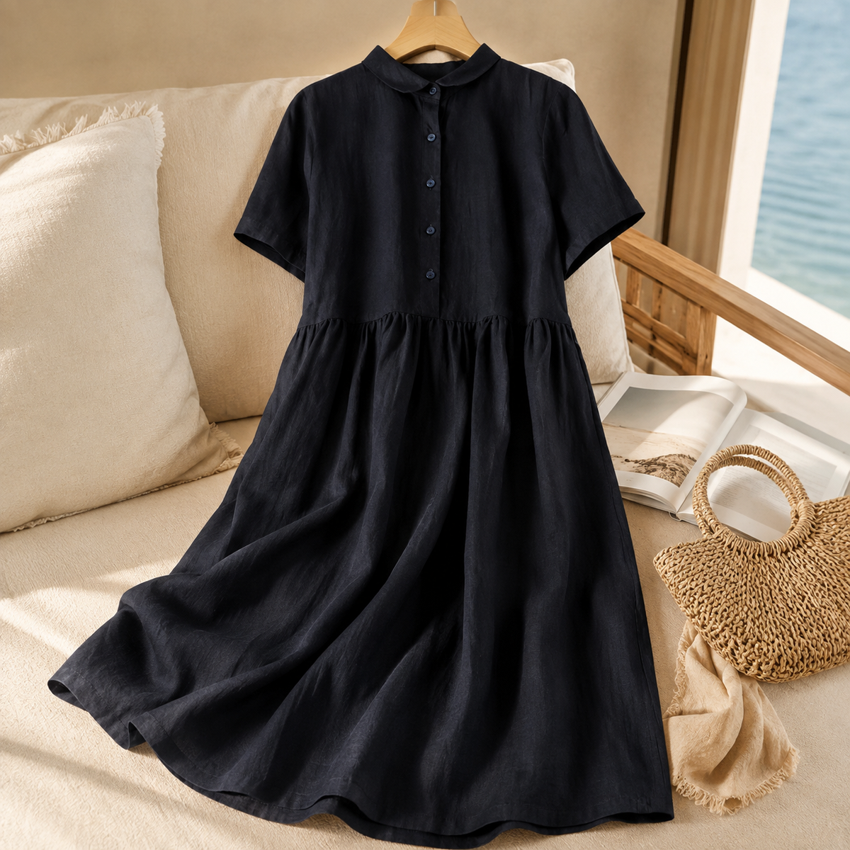 Rebecca Linen Midi Dress with Short Sleeves