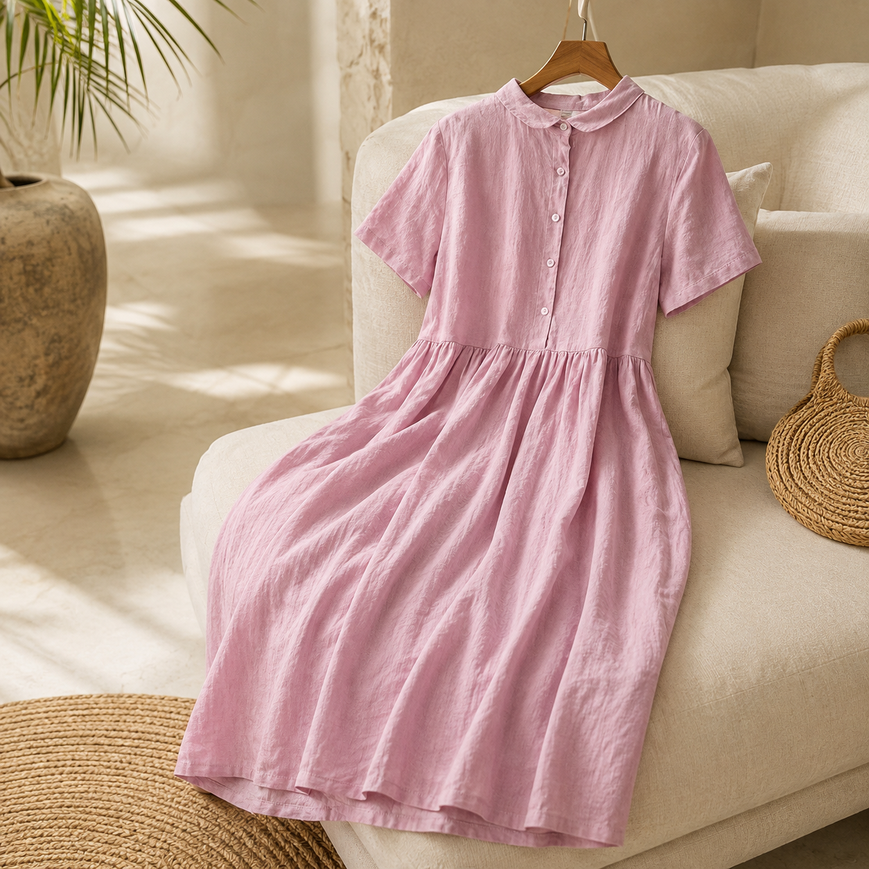 Rebecca Linen Midi Dress with Short Sleeves