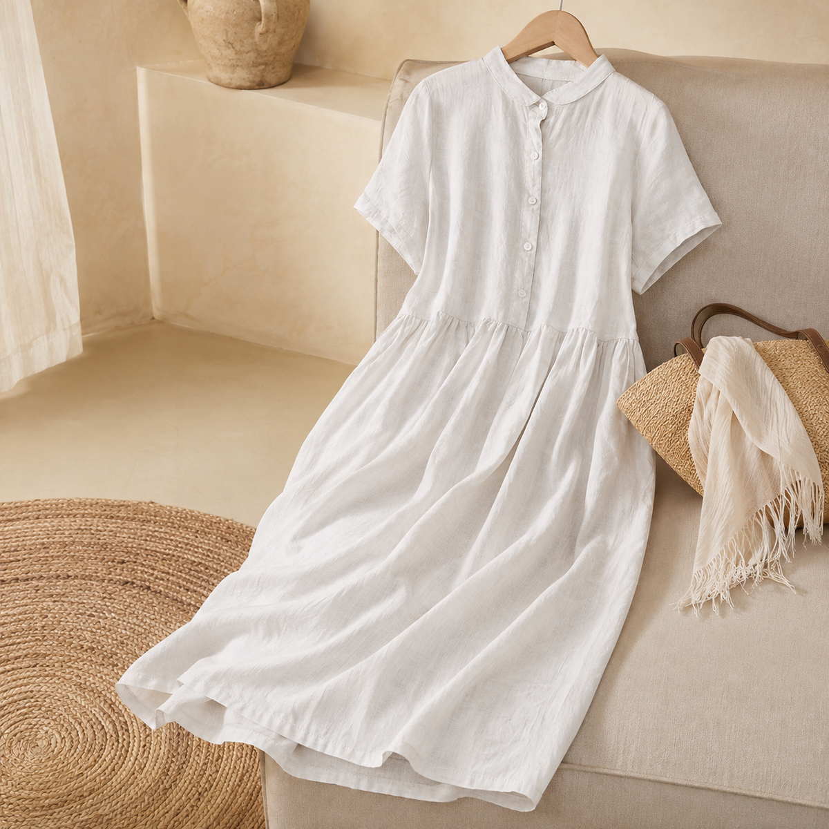Rebecca Linen Midi Dress with Short Sleeves