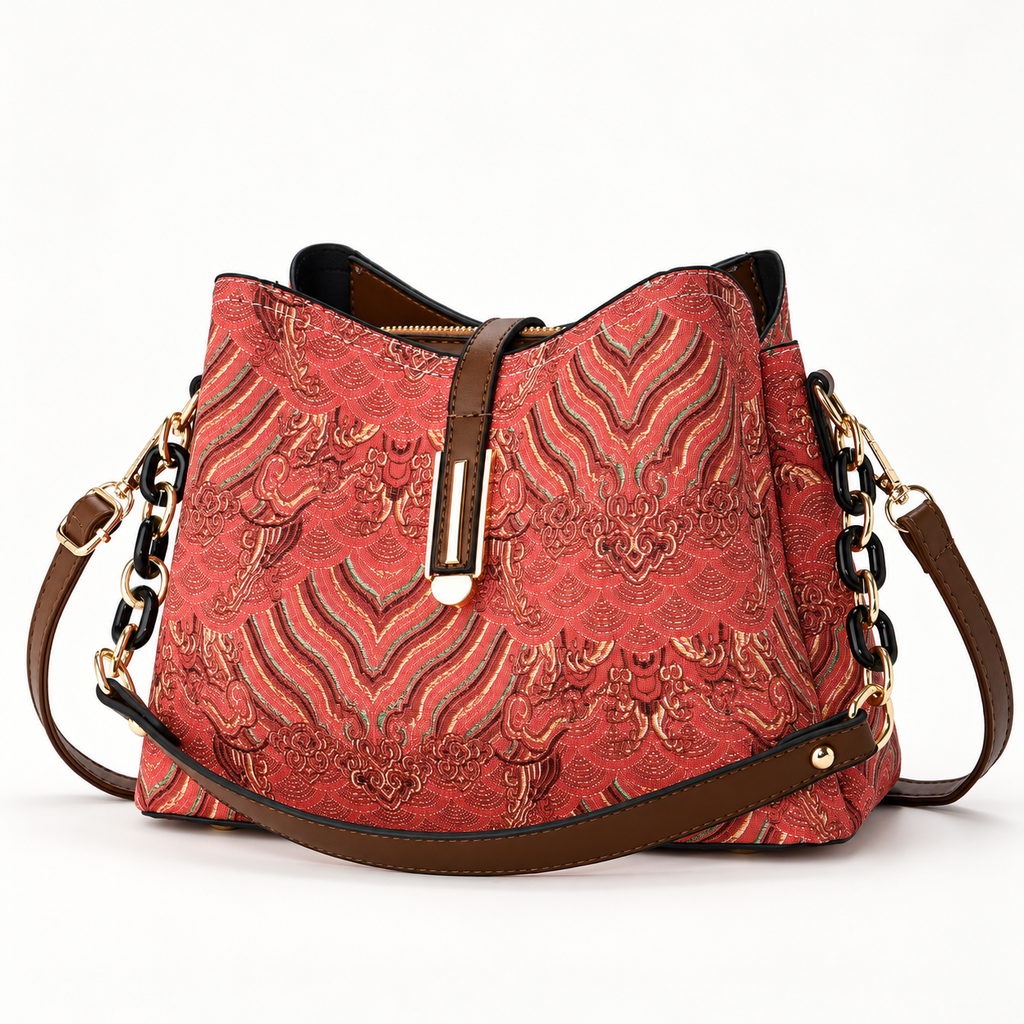 Fiorella Women’s Patterned Bucket Shoulder Bag with Chain Details