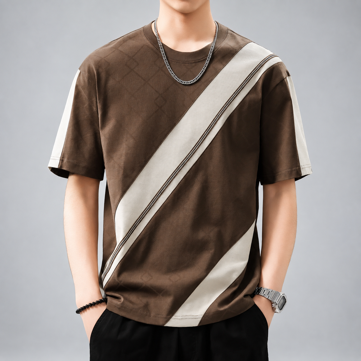 Silvian Men's Relaxed Fit Crewneck T-Shirt with Diagonal Contrast Panels