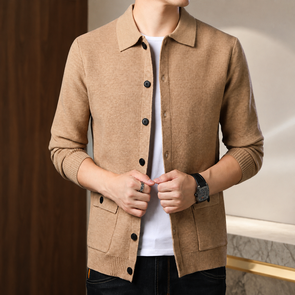 Reid Men's Knit Jacket – Button Front Collared Cardigan with Pockets