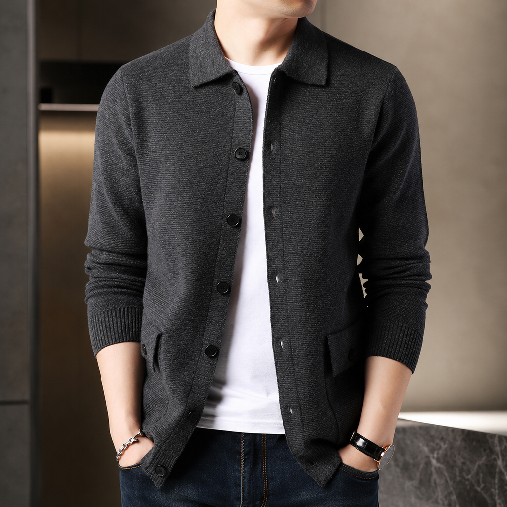 Reid Men's Knit Jacket – Button Front Collared Cardigan with Pockets