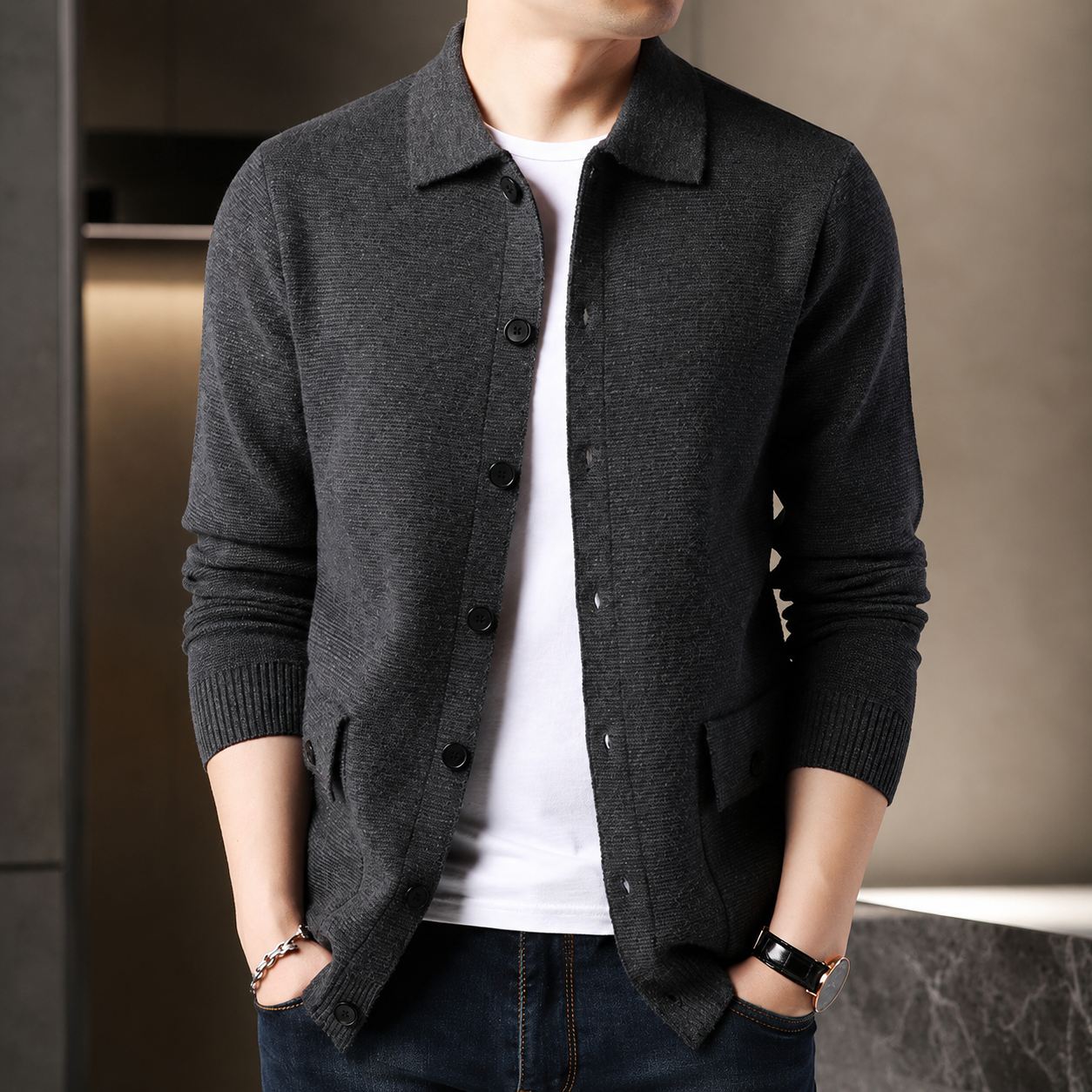 Reid Men's Knit Jacket – Button Front Collared Cardigan with Pockets