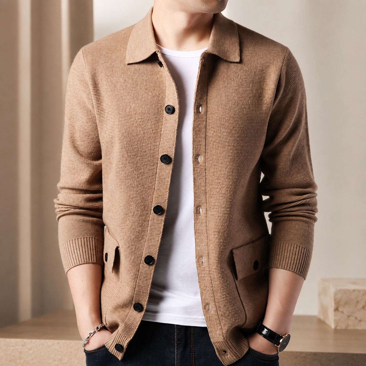Reid Men's Knit Jacket – Button Front Collared Cardigan with Pockets