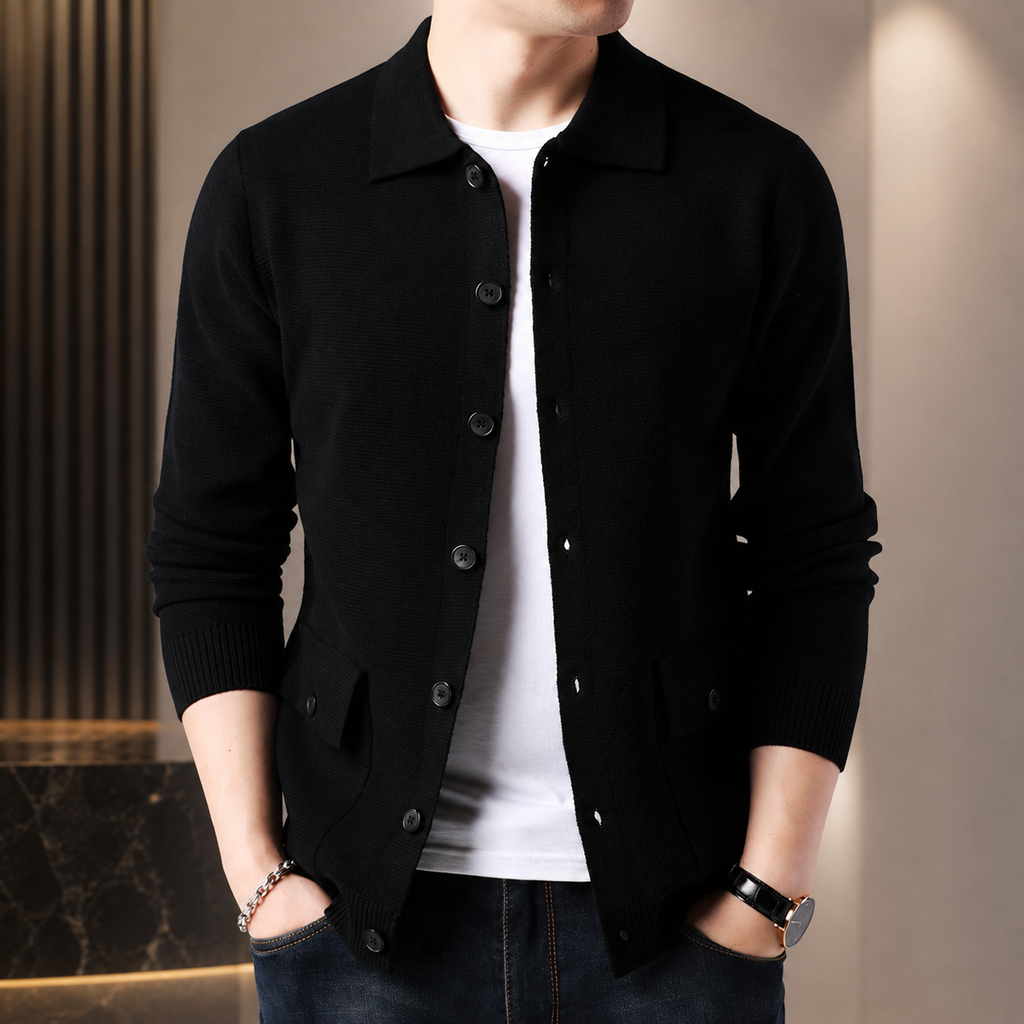 Reid Men's Knit Jacket – Button Front Collared Cardigan with Pockets