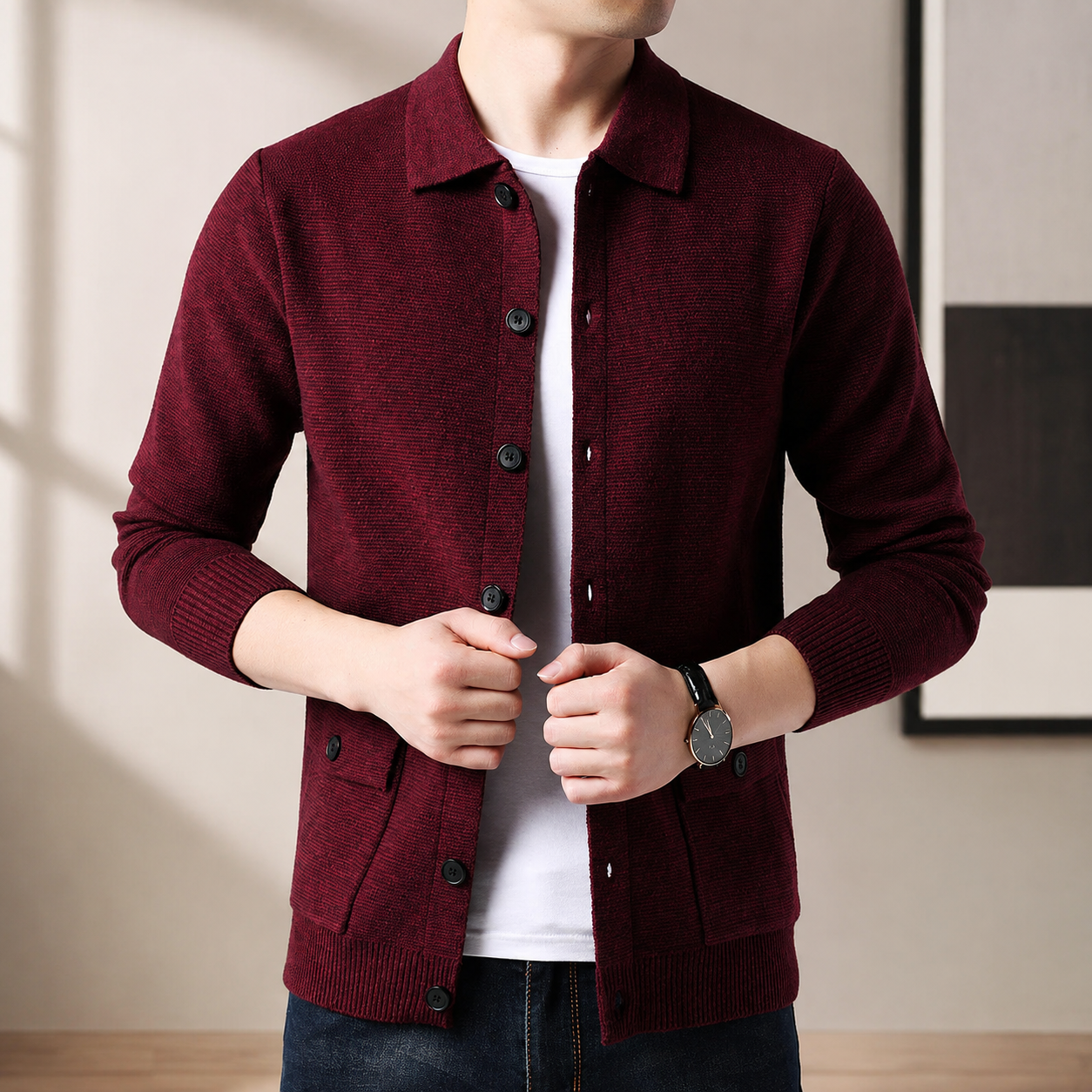 Reid Men's Knit Jacket – Button Front Collared Cardigan with Pockets