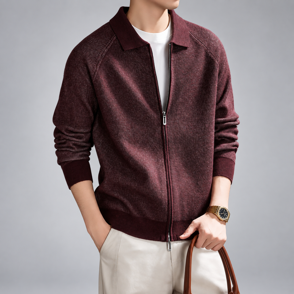 Rainier Men's Ribbed Knit Zip-Up Cardigan with Polo Collar