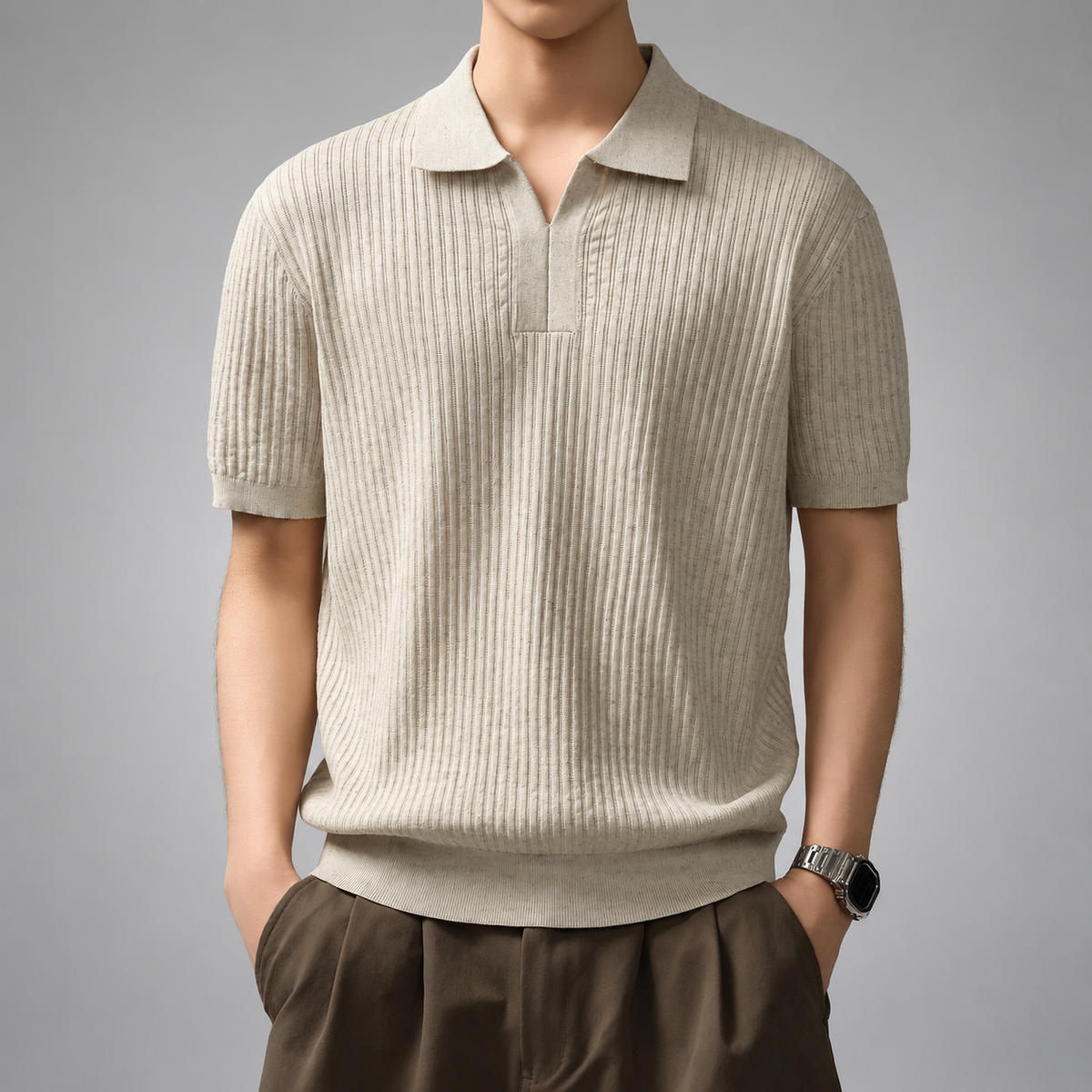 Paxton Men’s Open-Collar Textured Knit Polo Shirt