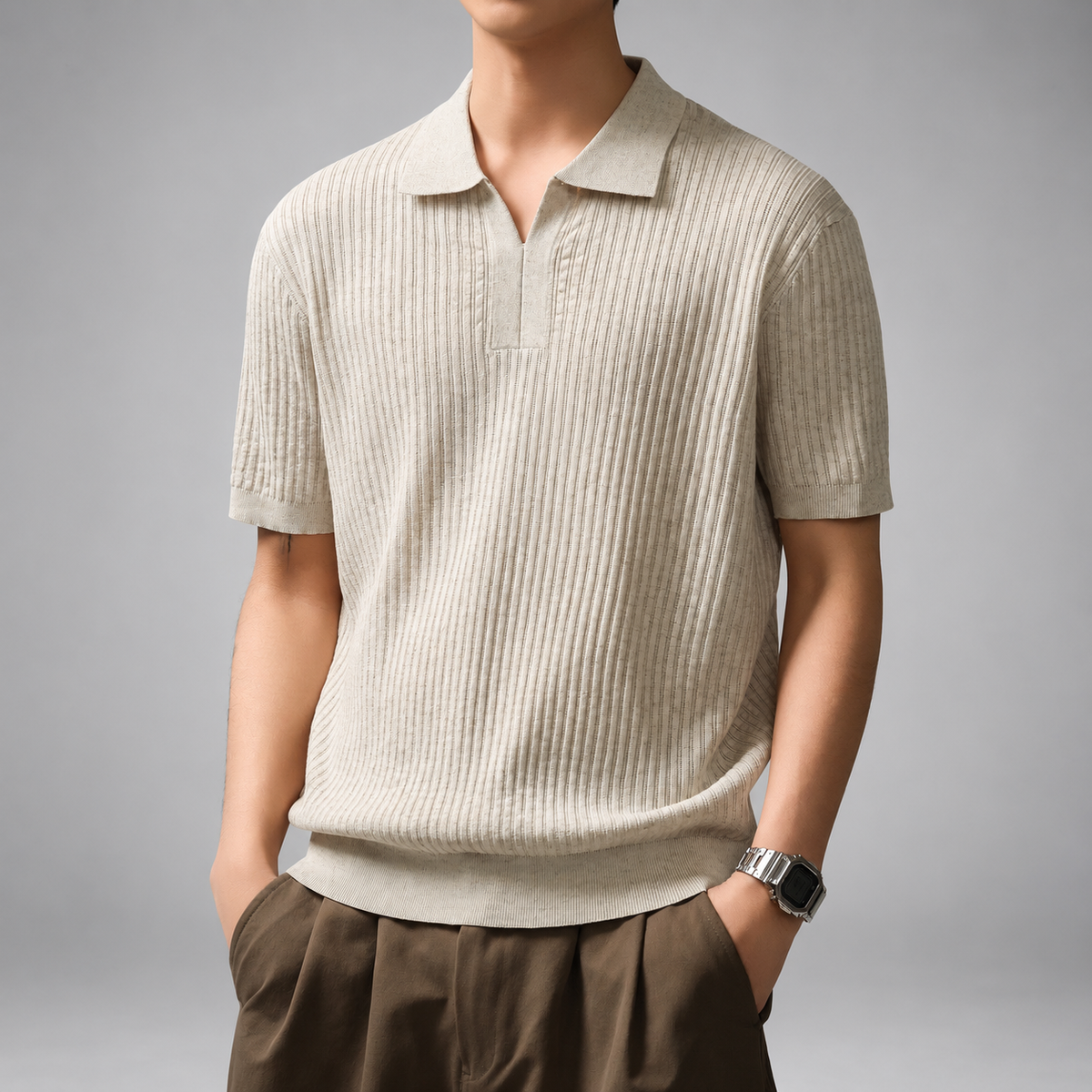 Paxton Men’s Open-Collar Textured Knit Polo Shirt