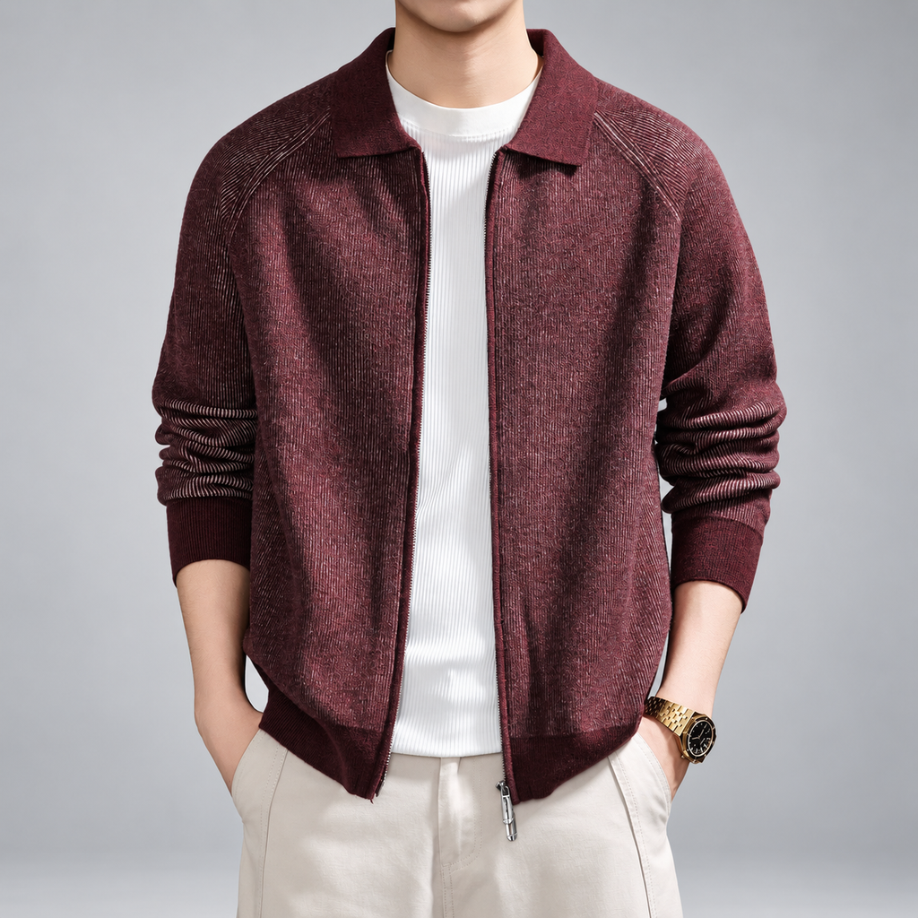 Rainier Men's Ribbed Knit Zip-Up Cardigan with Polo Collar