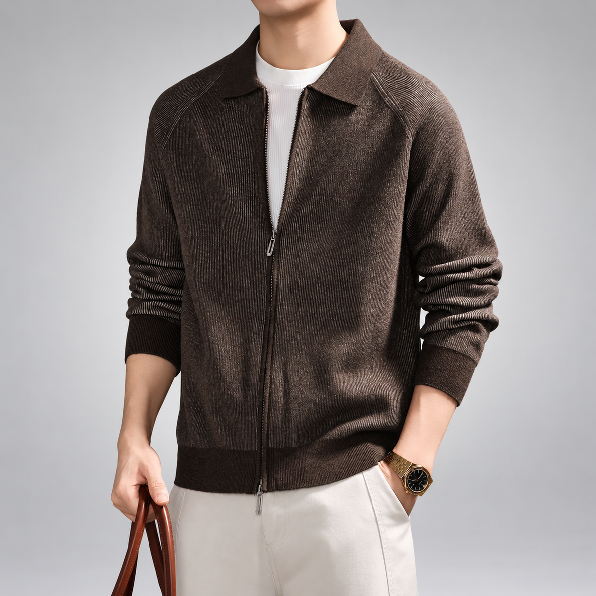 Rainier Men's Ribbed Knit Zip-Up Cardigan with Polo Collar