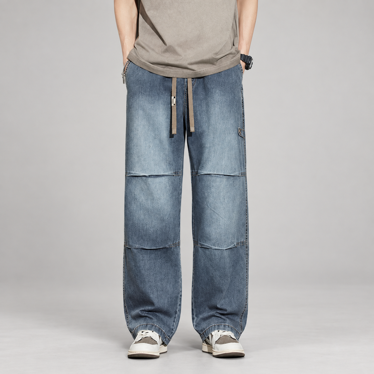 Rocco Men’s Wide-Leg Drawstring Jeans with Panel Seams