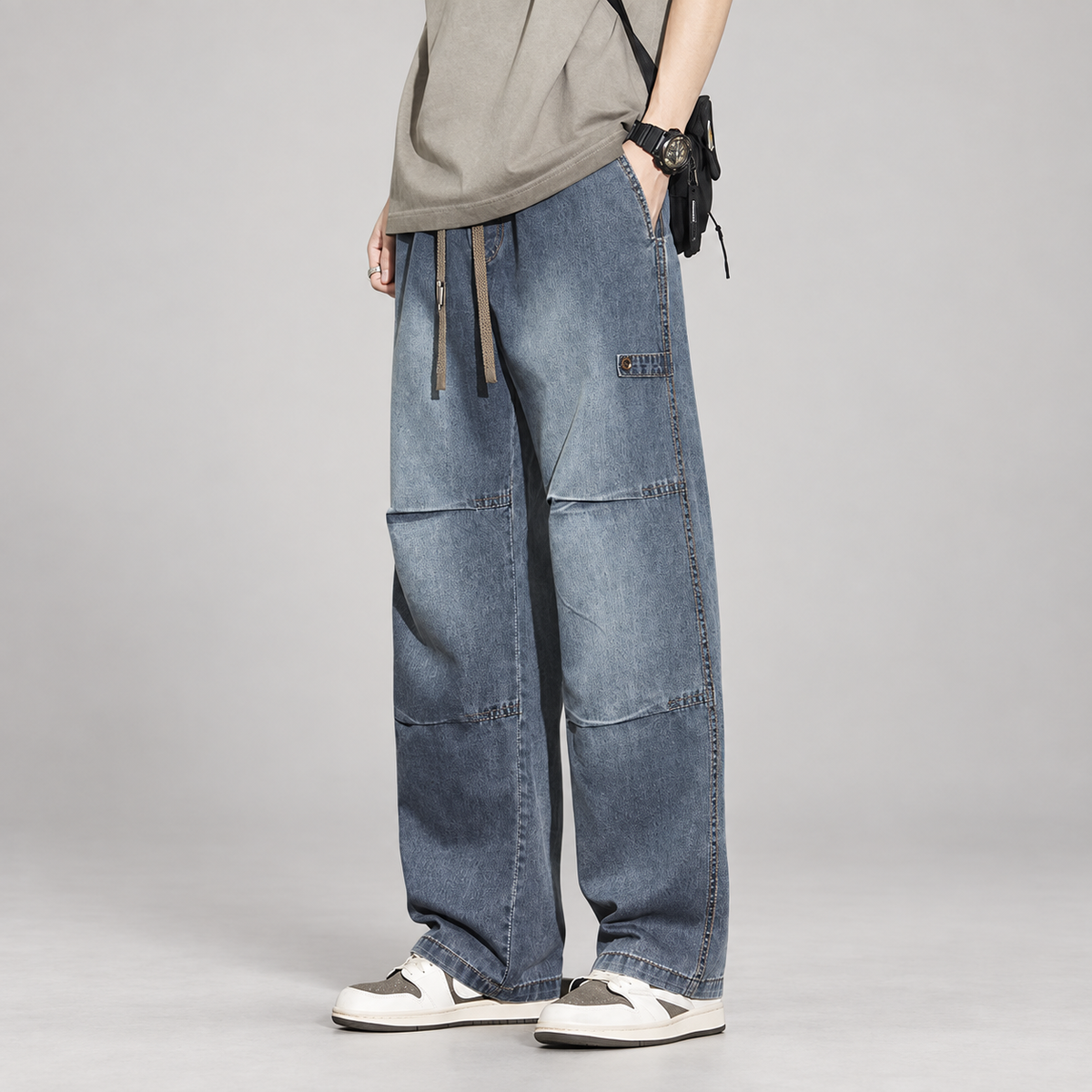 Rocco Men’s Wide-Leg Drawstring Jeans with Panel Seams