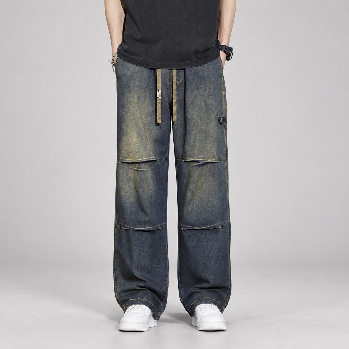 Rocco Men’s Wide-Leg Drawstring Jeans with Panel Seams