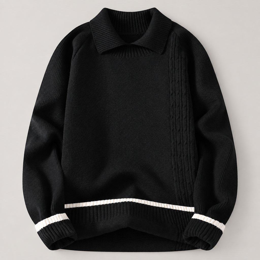 Roland Men’s Collared Knit Sweater with Asymmetric Cable Panel