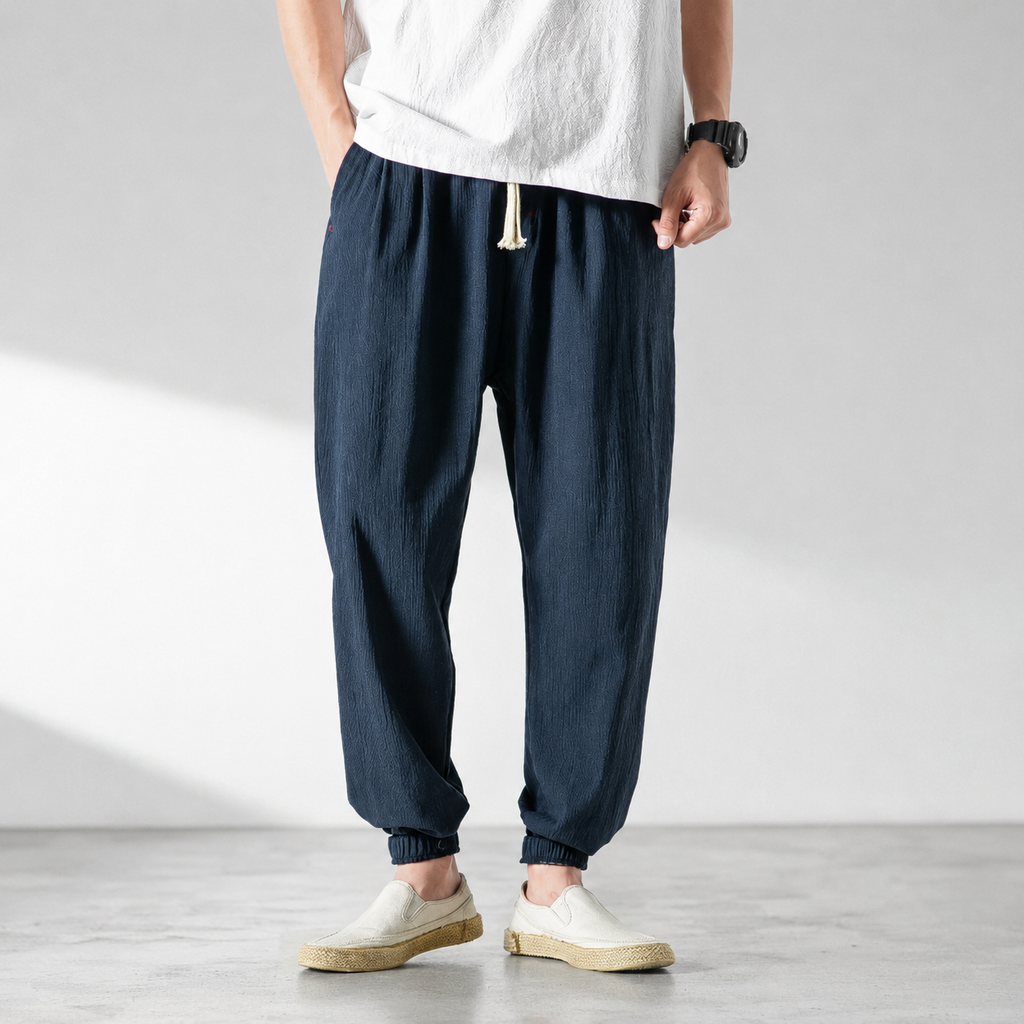 Ronan Men's Cotton Linen Jogger Pants – Tapered Drawstring Casual Trousers