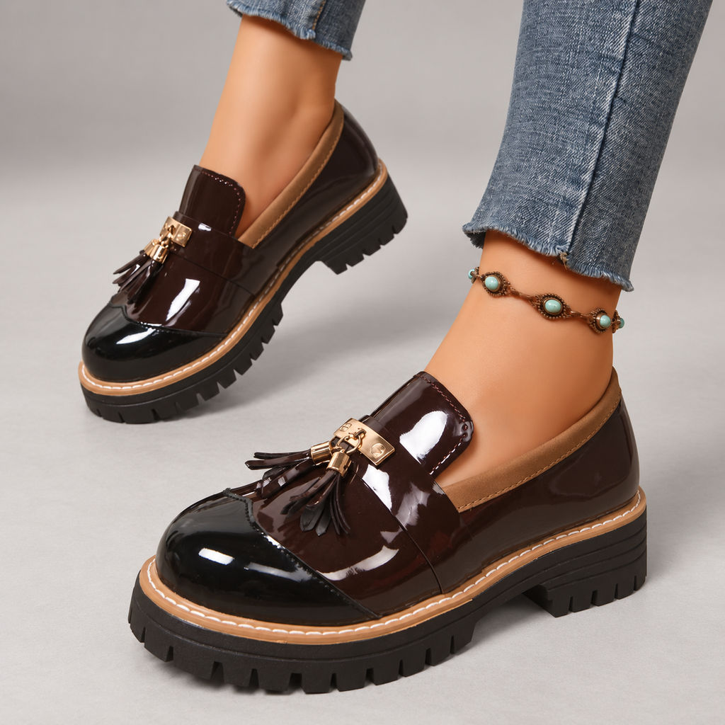 Rosalie Women’s Patent-Look Tassel Loafers with Chunky Lug Sole