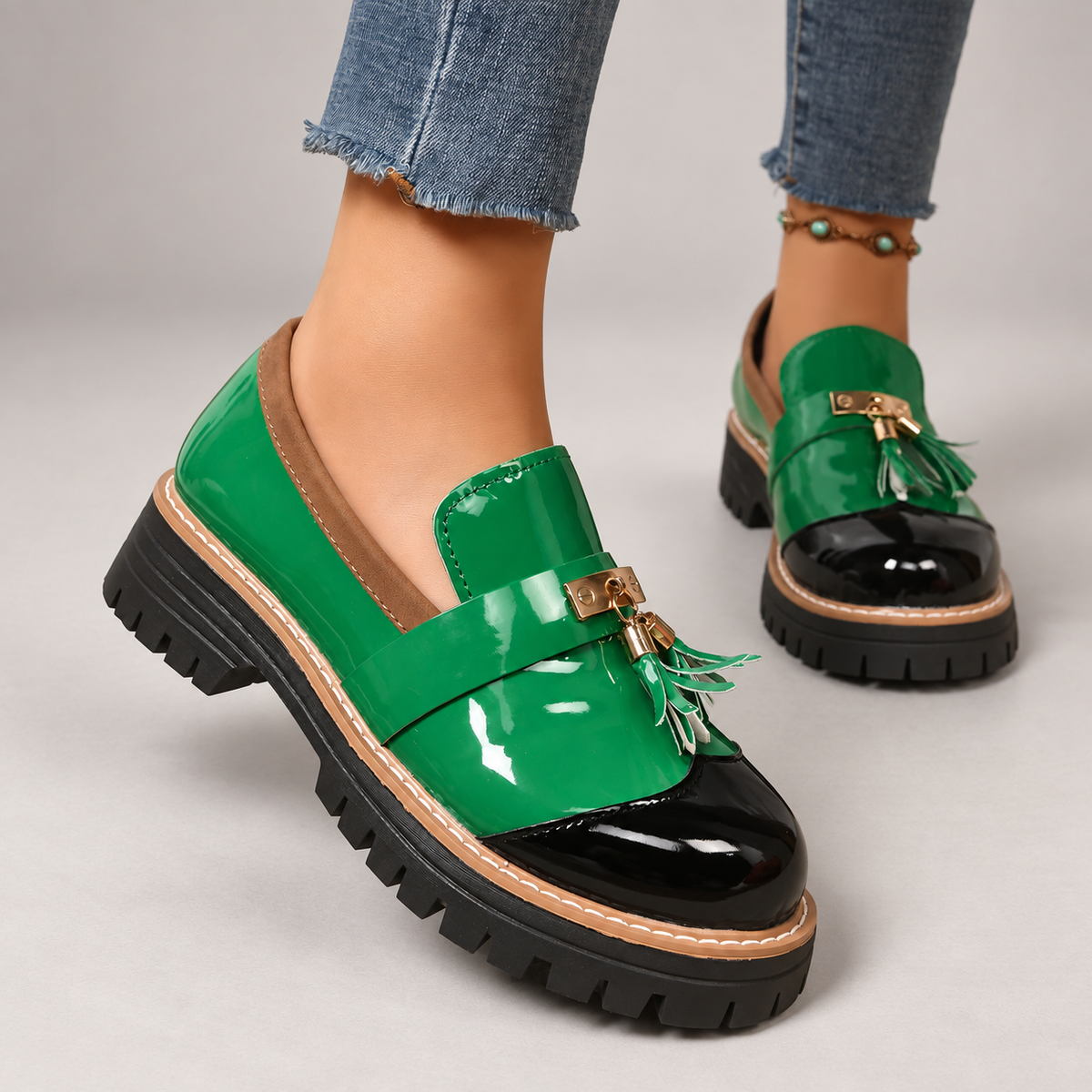 Rosalie Women’s Patent-Look Tassel Loafers with Chunky Lug Sole