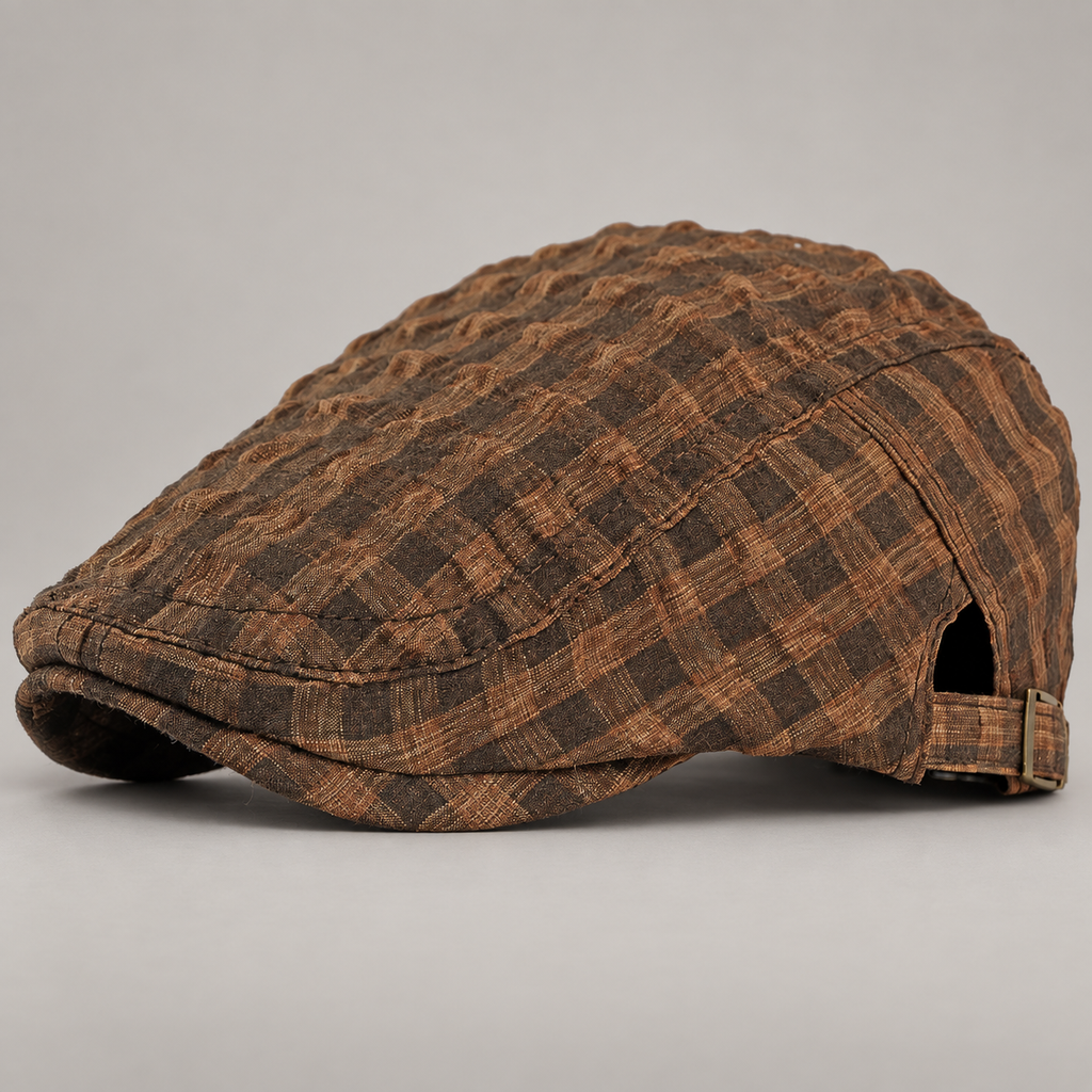 Rupert Textured Plaid Flat Cap with Adjustable Buckle Strap