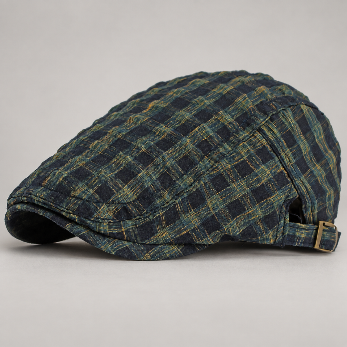 Rupert Textured Plaid Flat Cap with Adjustable Buckle Strap