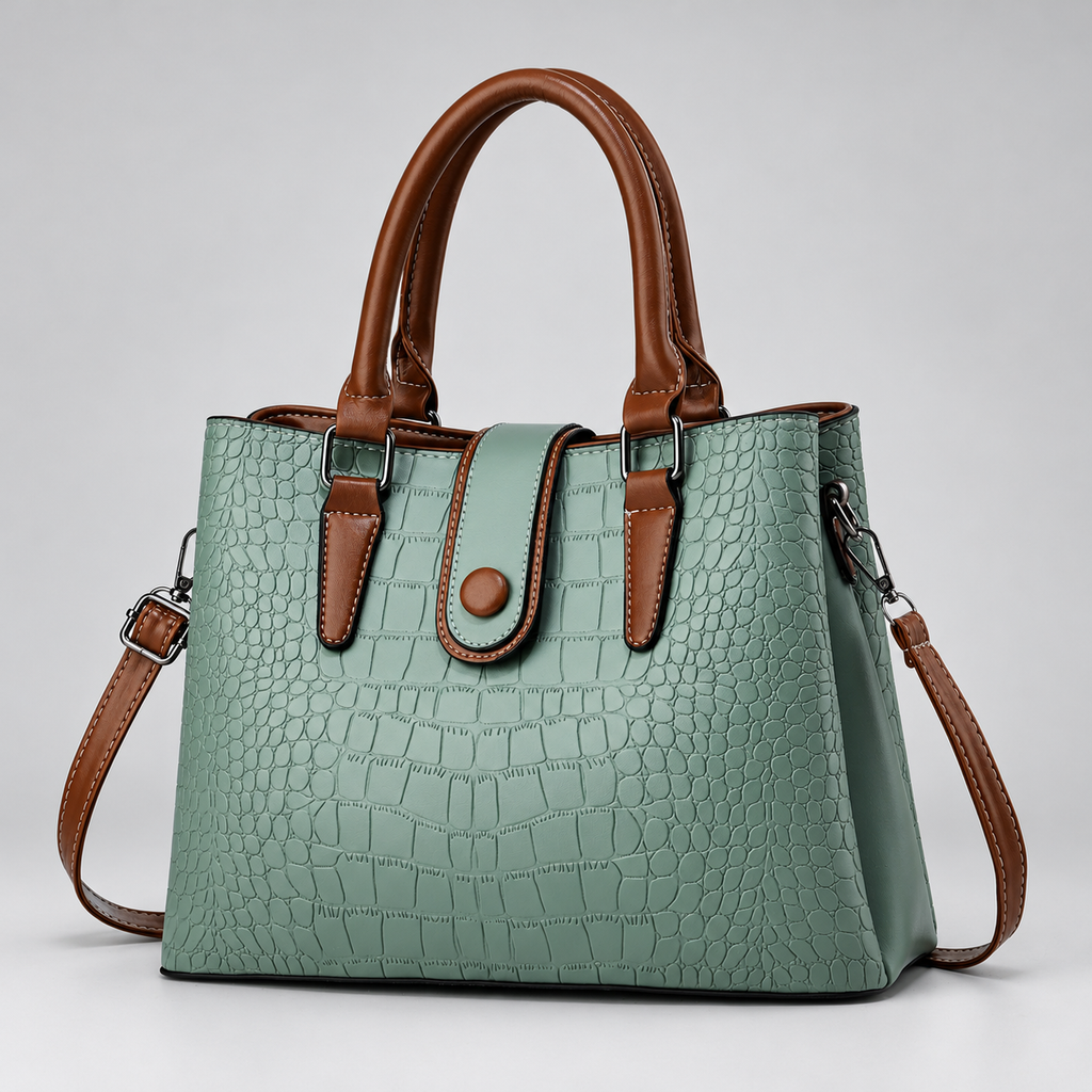 Lucienne Women’s Crocodile-Embossed Satchel Handbag with Brown Handles