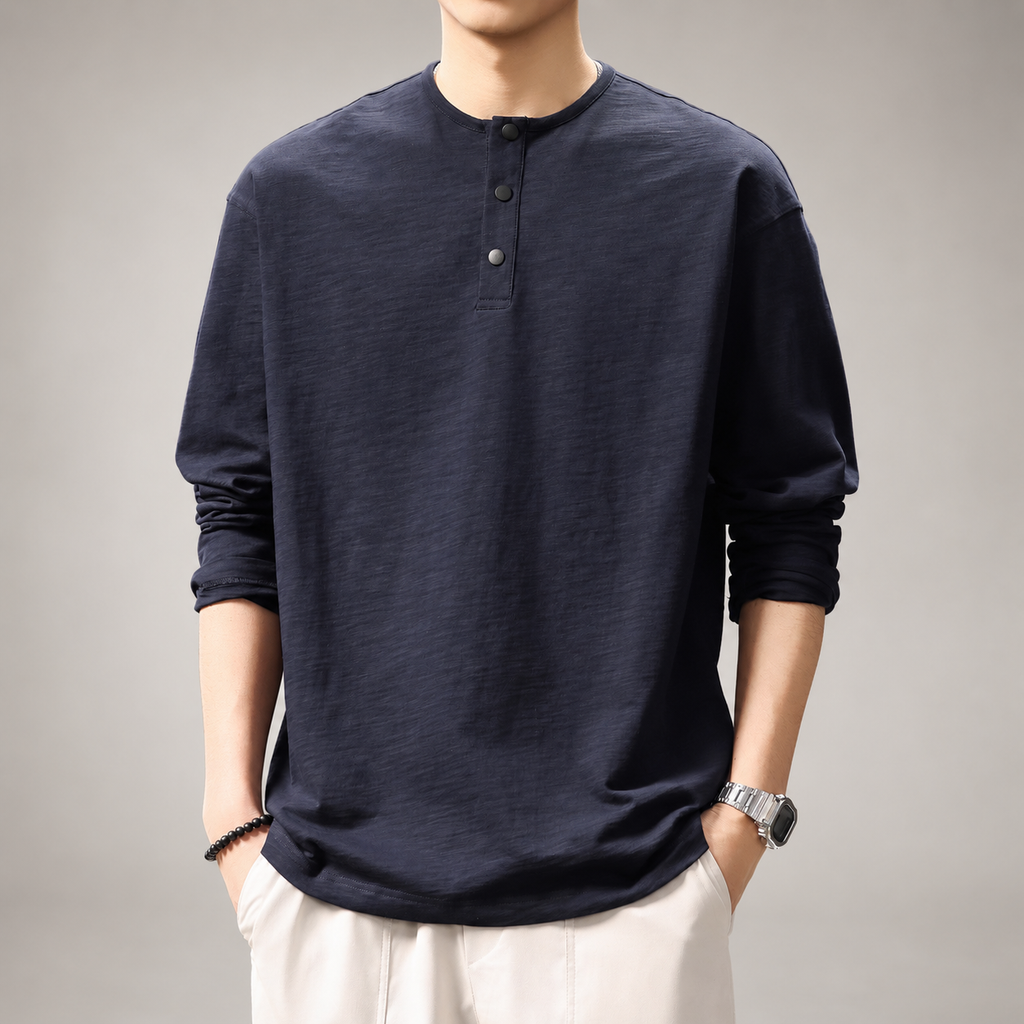 Wystan Men's Long Sleeve Henley Shirt – Textured Relaxed Fit