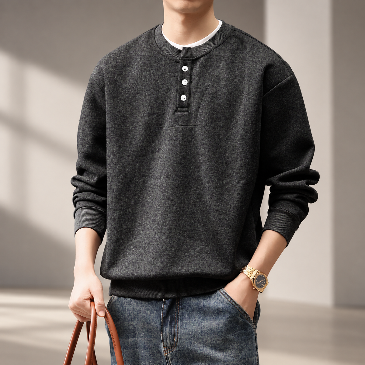 Severin Men’s Henley Crewneck Sweatshirt with Button Placket