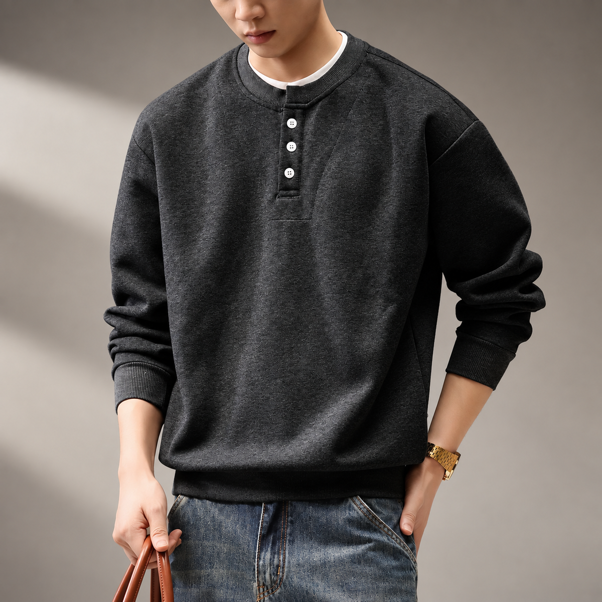 Severin Men’s Henley Crewneck Sweatshirt with Button Placket
