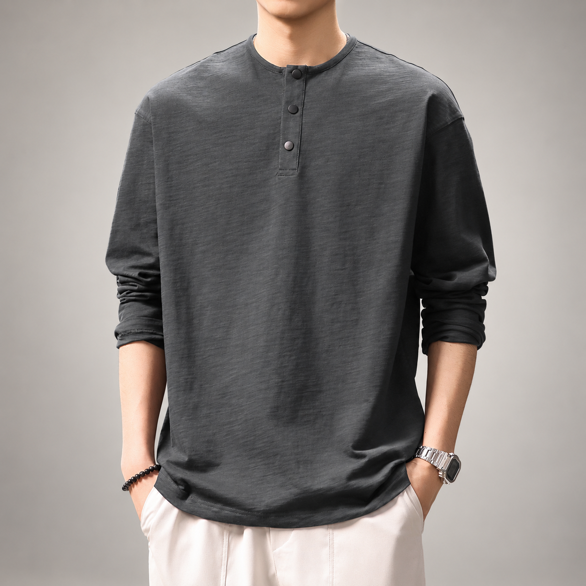 Wystan Men's Long Sleeve Henley Shirt – Textured Relaxed Fit