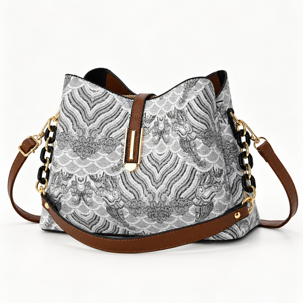 Fiorella Women’s Patterned Bucket Shoulder Bag with Chain Details
