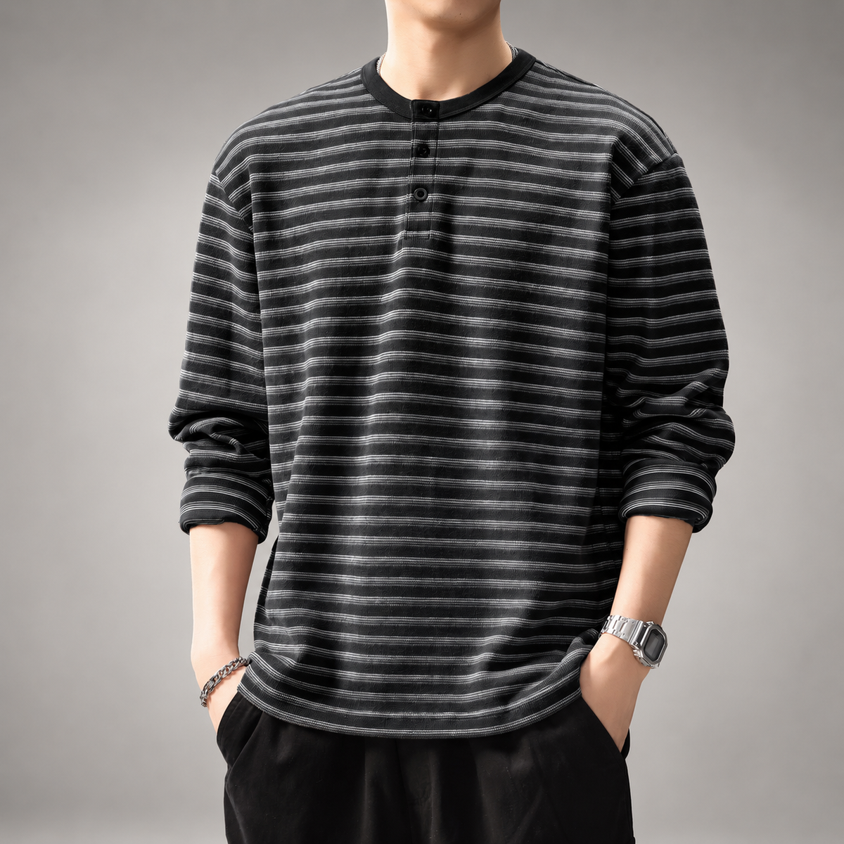 Ridge Men's Striped Long Sleeve Henley Shirt