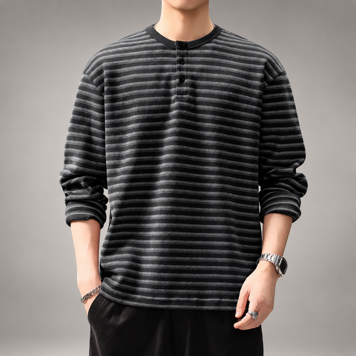 Ridge Men's Striped Long Sleeve Henley Shirt