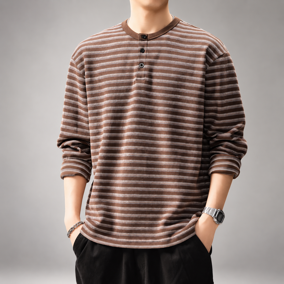 Ridge Men's Striped Long Sleeve Henley Shirt