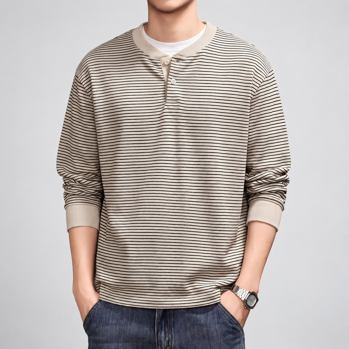 Corentin Men's Striped Long Sleeve Henley Shirt with Ribbed Cuffs