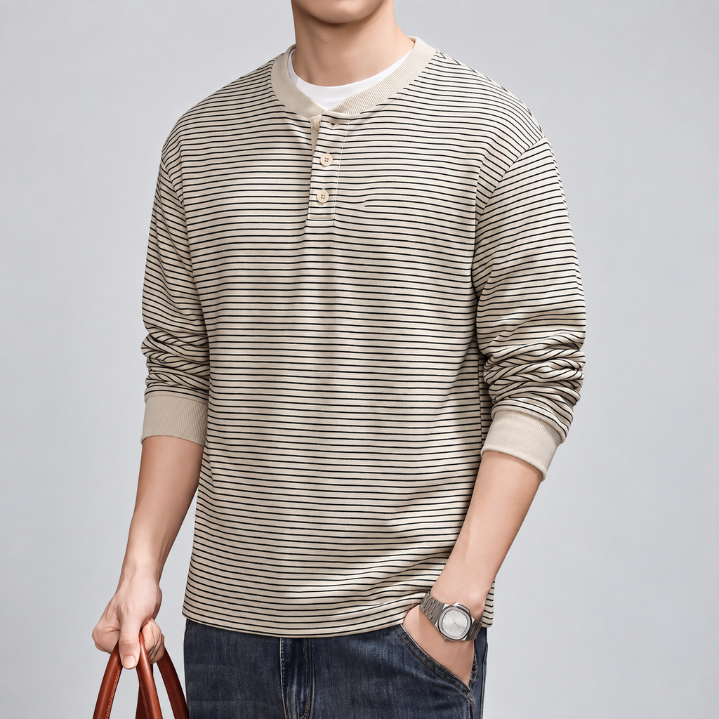 Corentin Men's Striped Long Sleeve Henley Shirt with Ribbed Cuffs