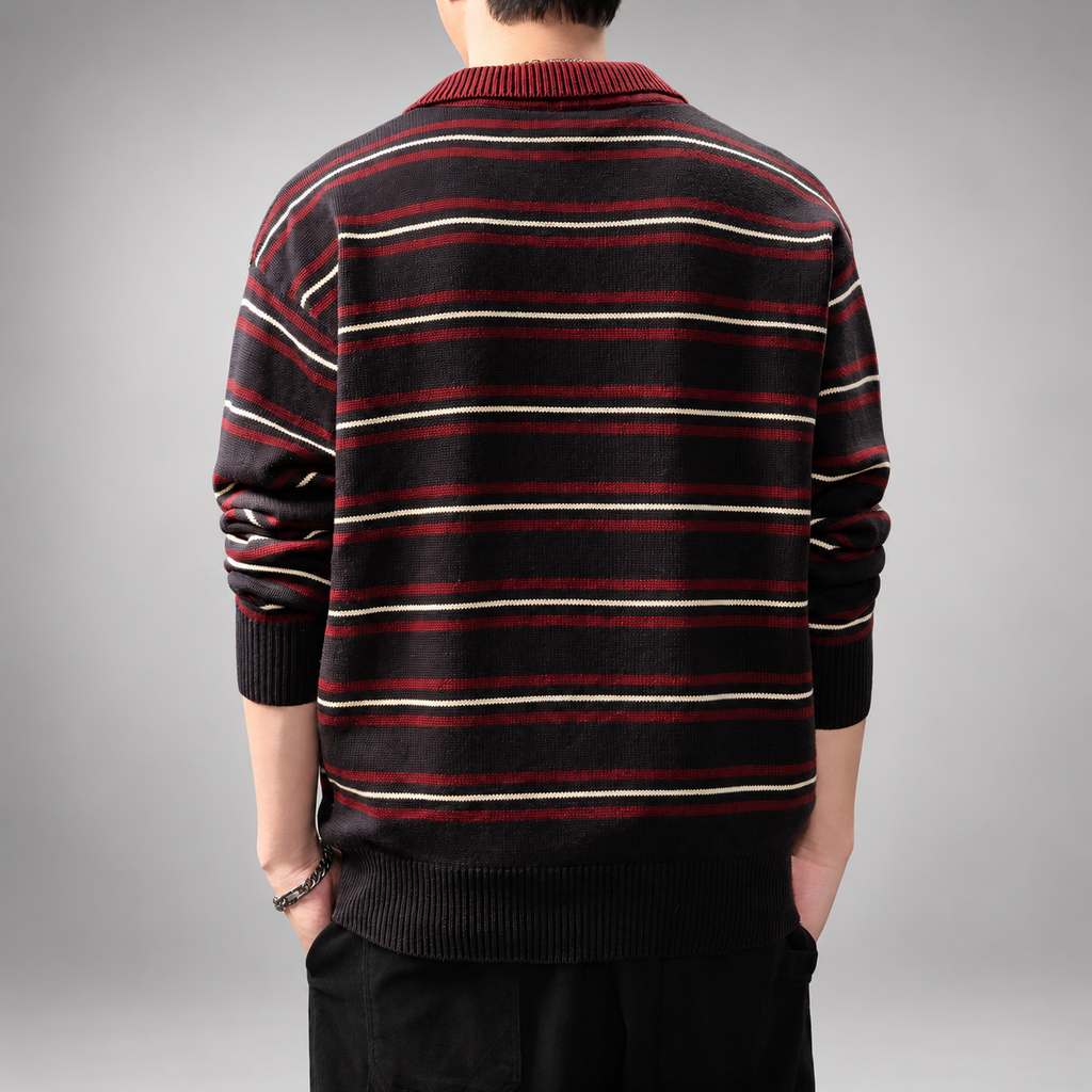 Gaspard Men's Striped Knit Polo Sweater with Long Sleeves
