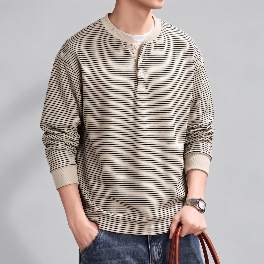 Corentin Men's Striped Long Sleeve Henley Shirt with Ribbed Cuffs