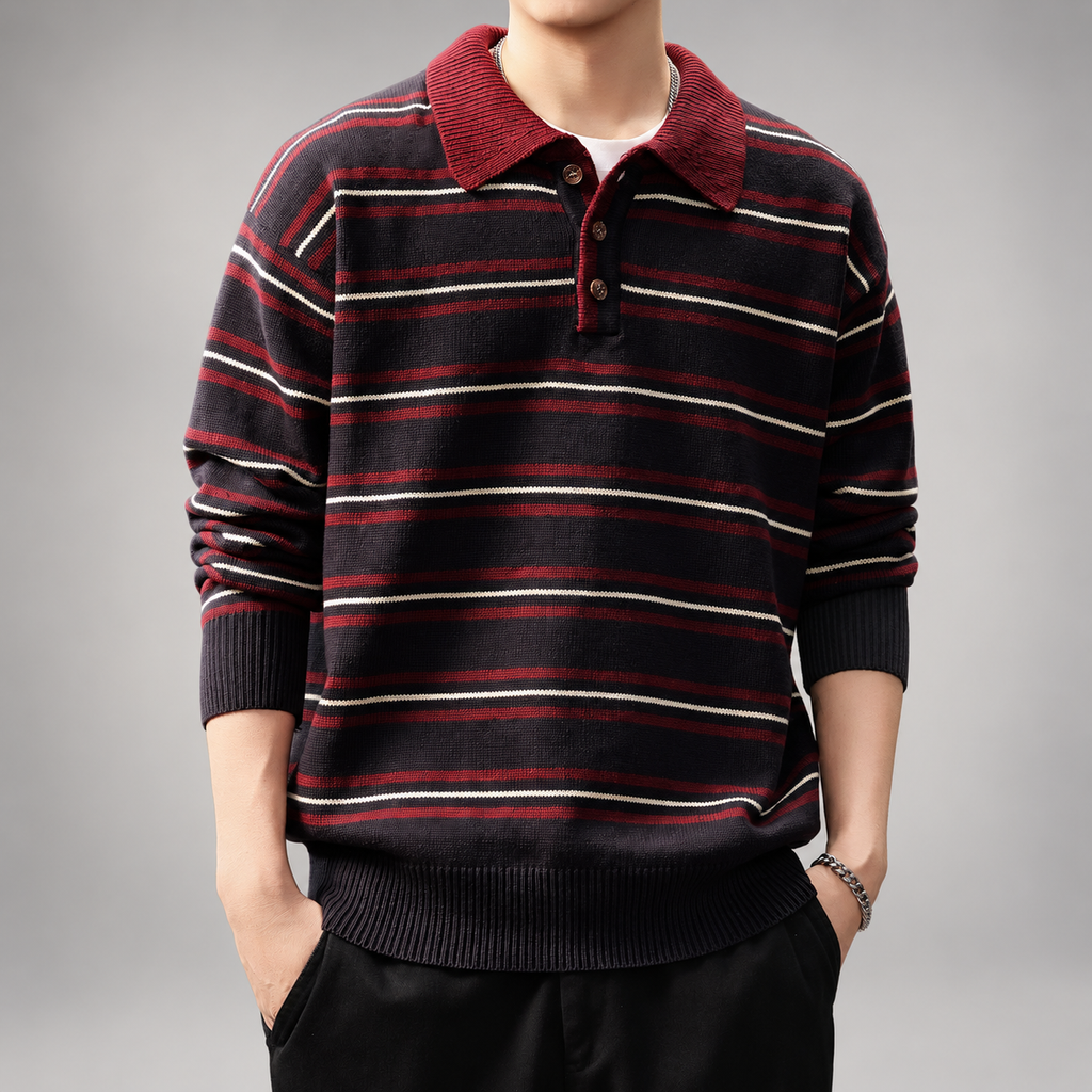 Gaspard Men's Striped Knit Polo Sweater with Long Sleeves