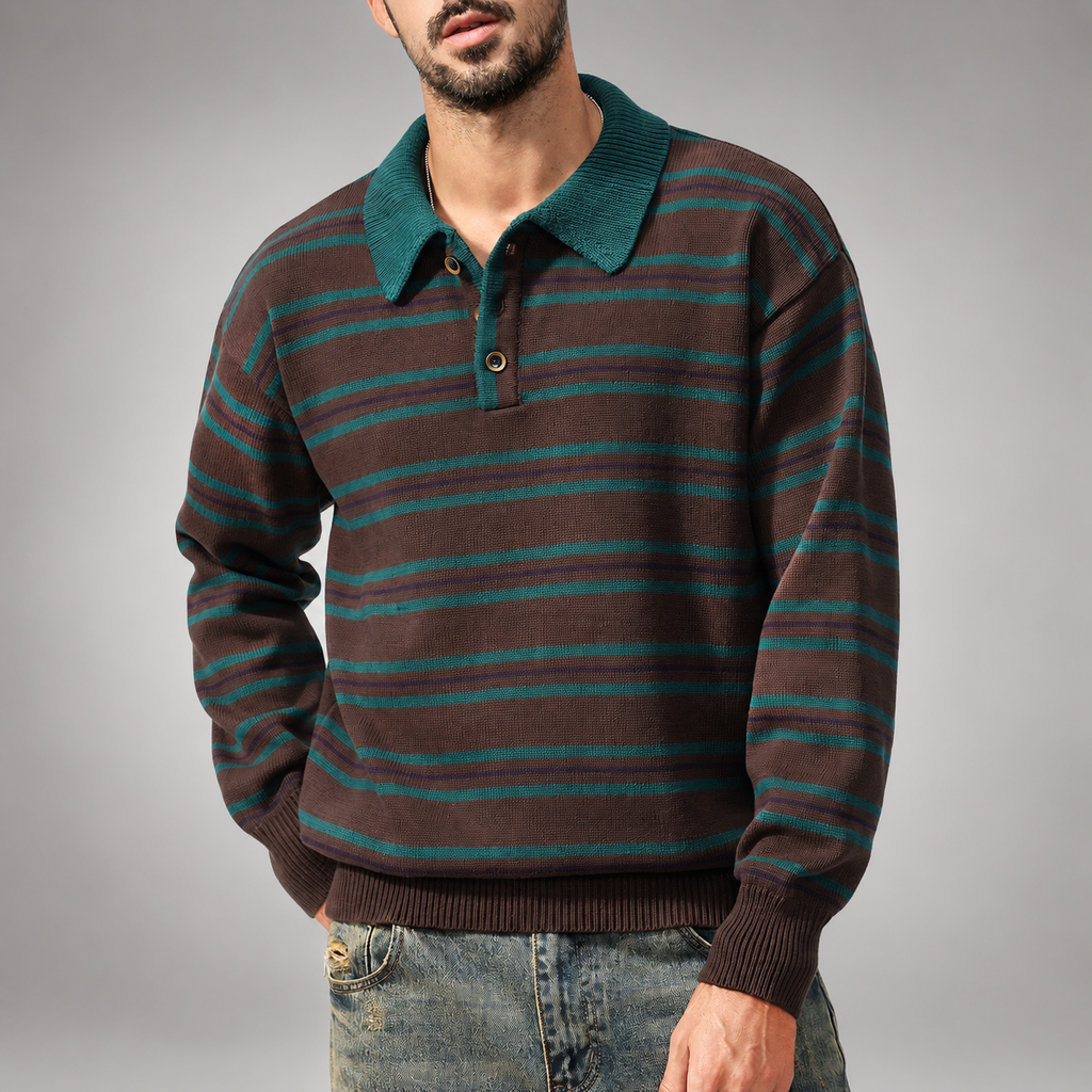 Gaspard Men's Striped Knit Polo Sweater with Long Sleeves
