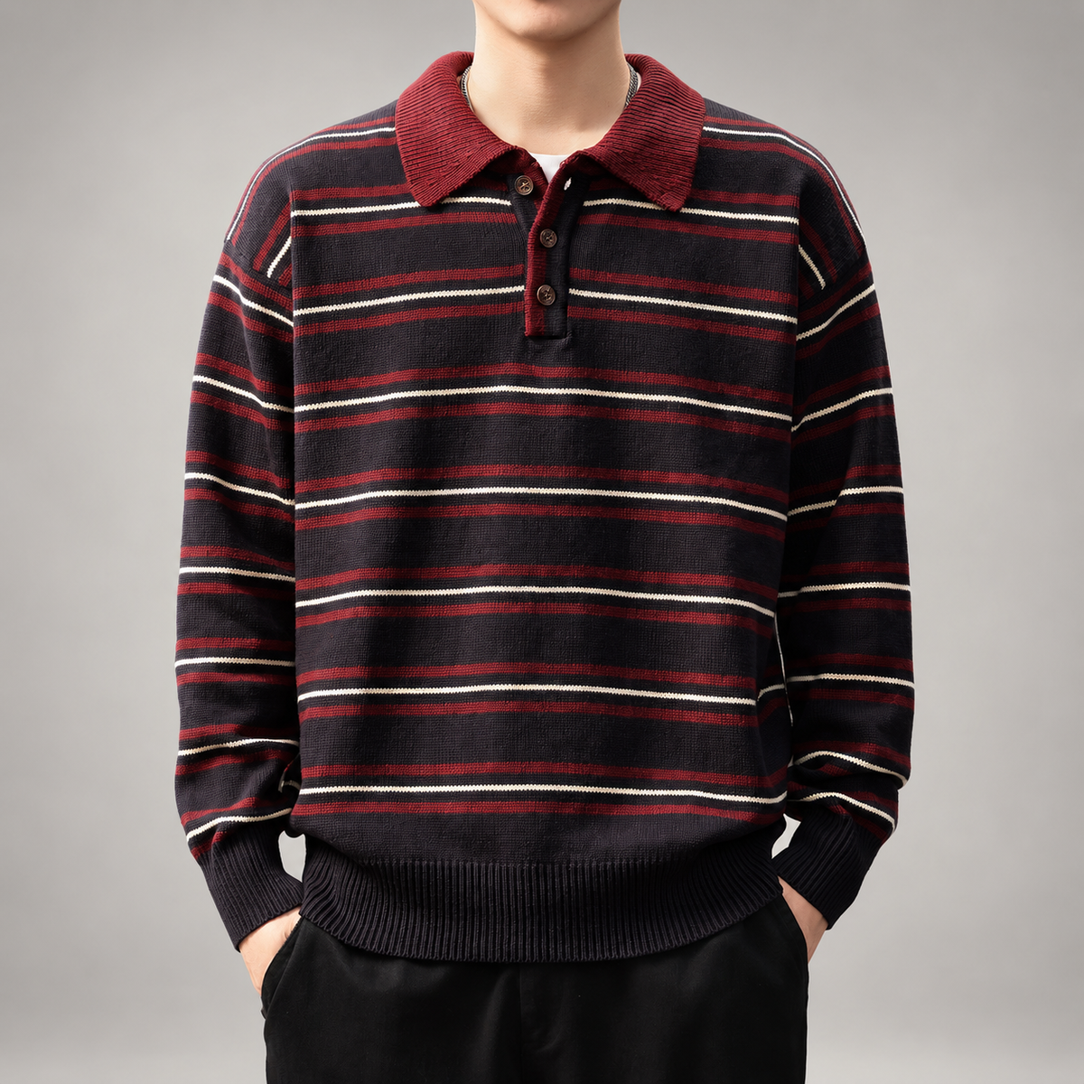 Gaspard Men's Striped Knit Polo Sweater with Long Sleeves