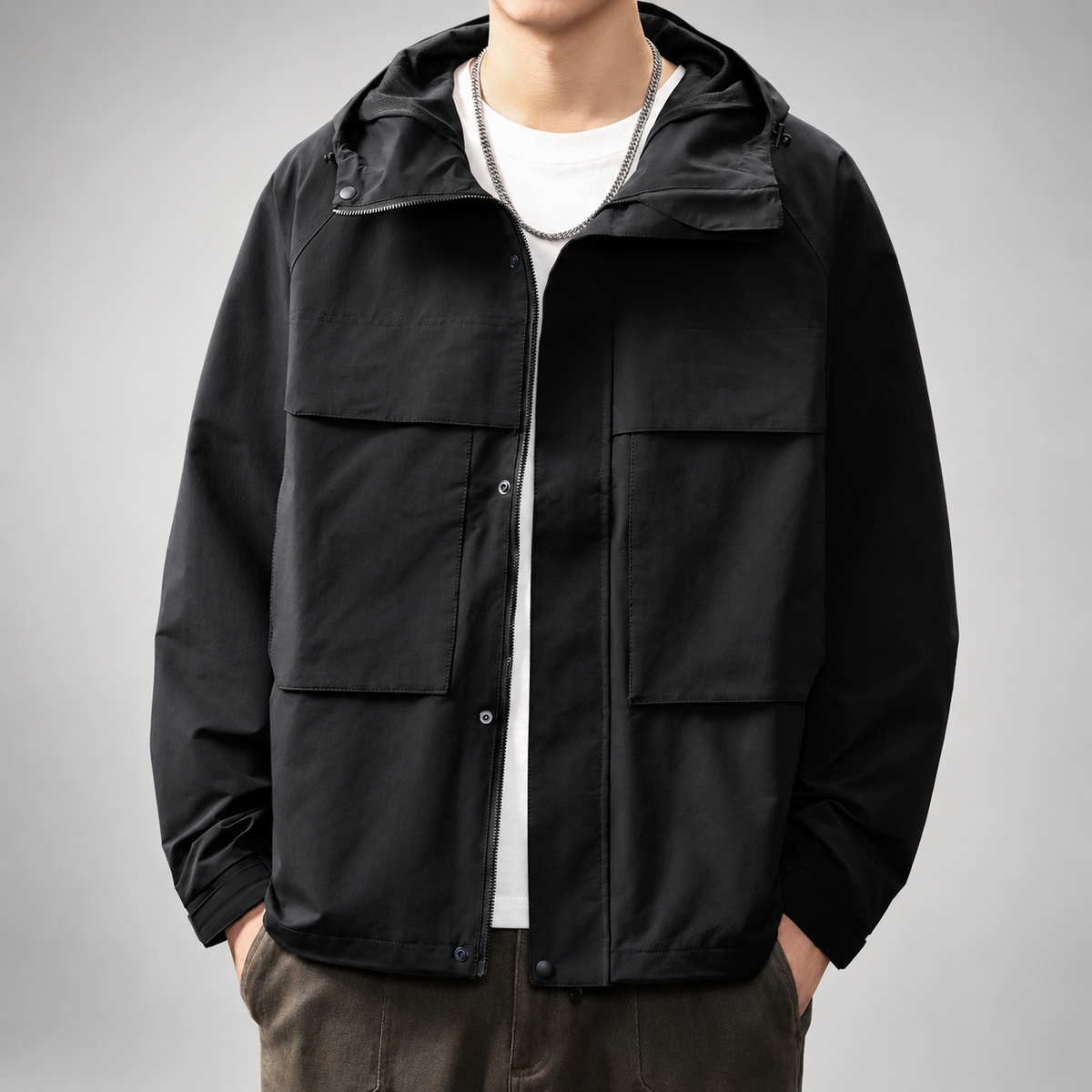 Alonzo Men’s Hooded Utility Jacket with Large Flap Pockets