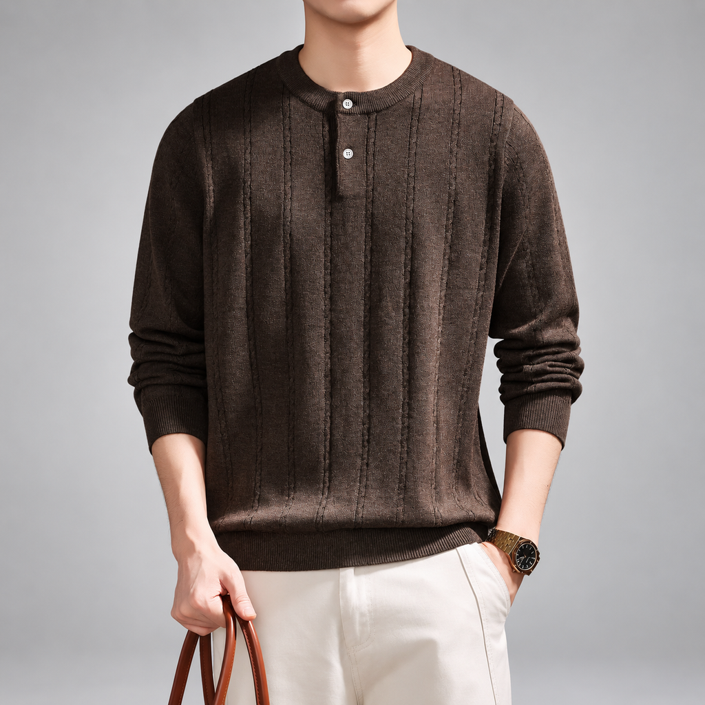 Bastien Men's Two-Button Henley Sweater with Vertical Knit Detail