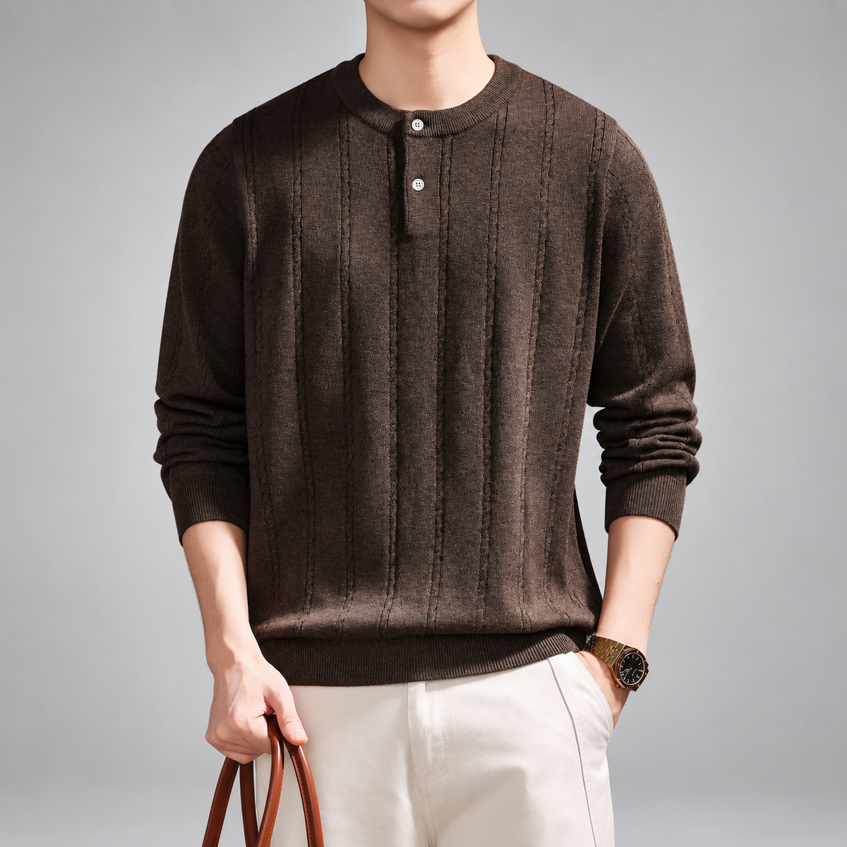 Bastien Men's Two-Button Henley Sweater with Vertical Knit Detail