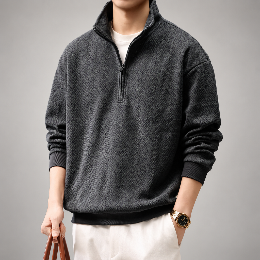 Urban Men’s Herringbone Quarter-Zip Pullover with Stand Collar